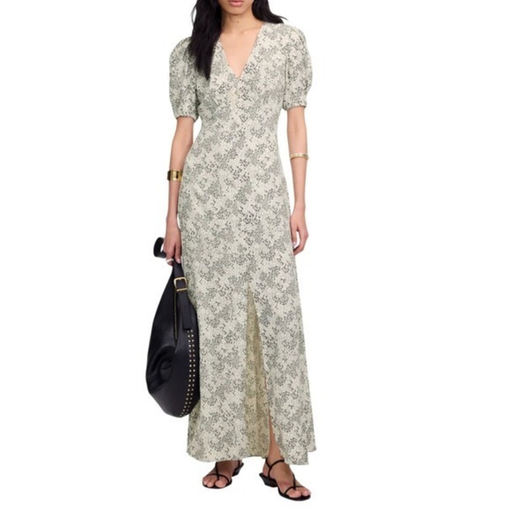 Madewell Floral Print V Neck Puff Sleeve Maxi Dress‎ Size 6 Cream Black NWT